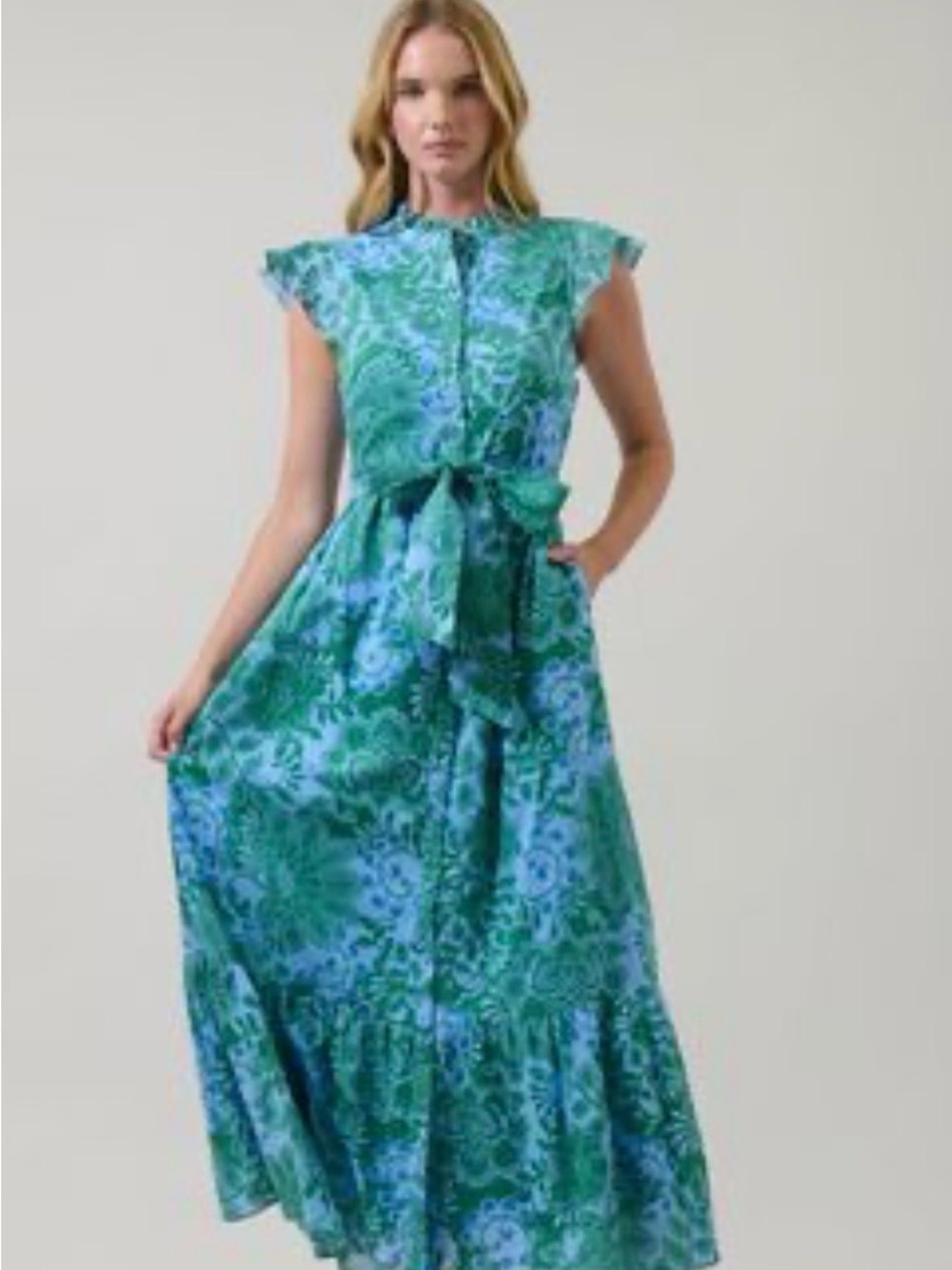 Sugarlips Blue & Green Floral Tie-Waist Maxi Dress